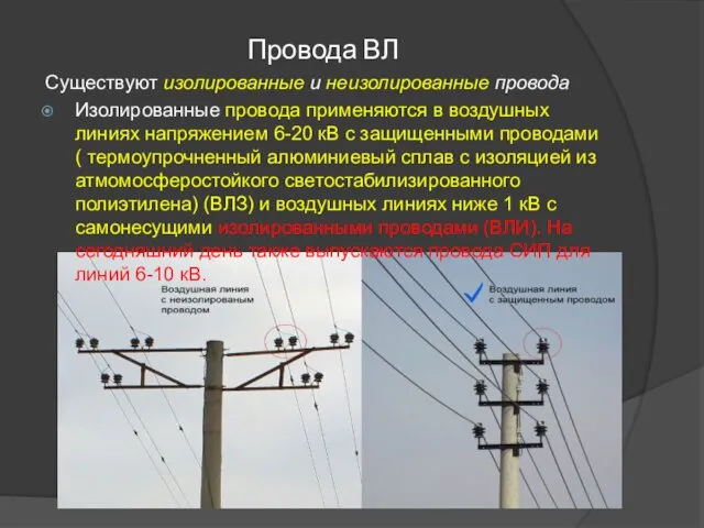 Провода ВЛ Существуют изолированные и неизолированные провода Изолированные провода применяются в