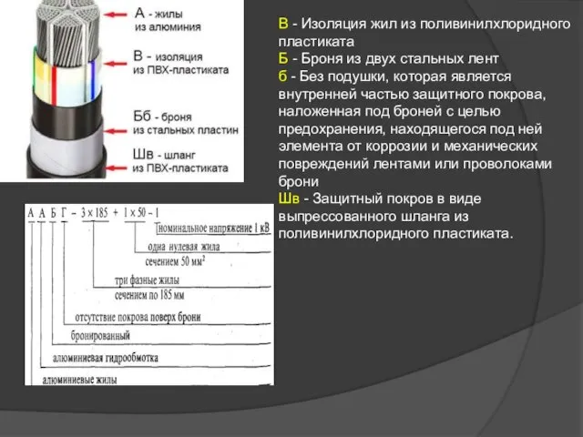 В - Изоляция жил из поливинилхлоридного пластиката Б - Броня из