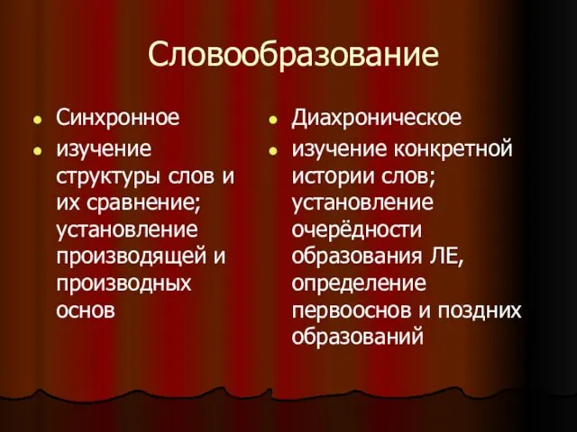 Словообразование Синхронное изучение структуры слов и их сравнение; установление производящей и