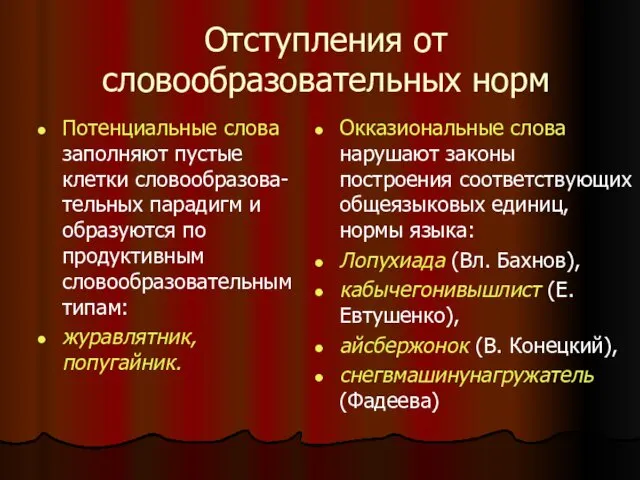 Отступления от словообразовательных норм Потенциальные слова заполняют пустые клетки словообразова-тельных парадигм