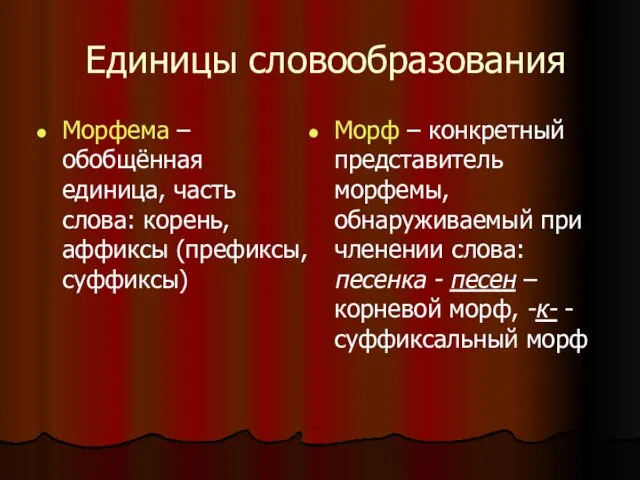 Единицы словообразования Морфема – обобщённая единица, часть слова: корень, аффиксы (префиксы,