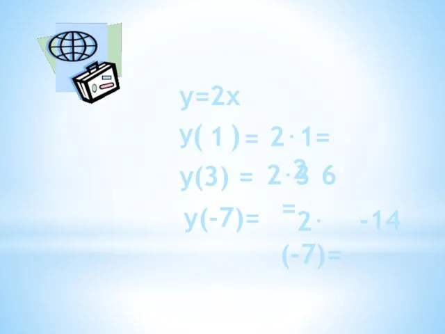 у=2х у ( ) 1 = 2⋅1=2 у(3) = 2⋅3= 6 у(-7)= 2⋅(-7)= -14