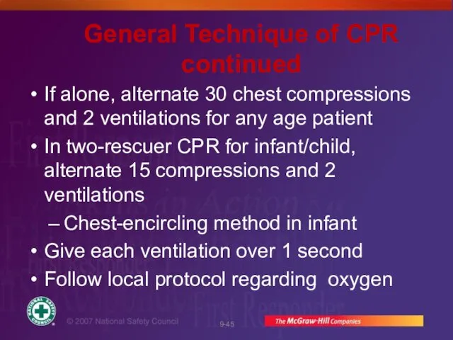 General Technique of CPR continued If alone, alternate 30 chest compressions