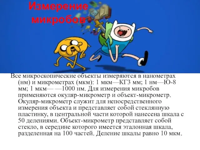 Измерение микробов Все микроскопические объекты измеряются в нанометрах (нм) и микрометрах