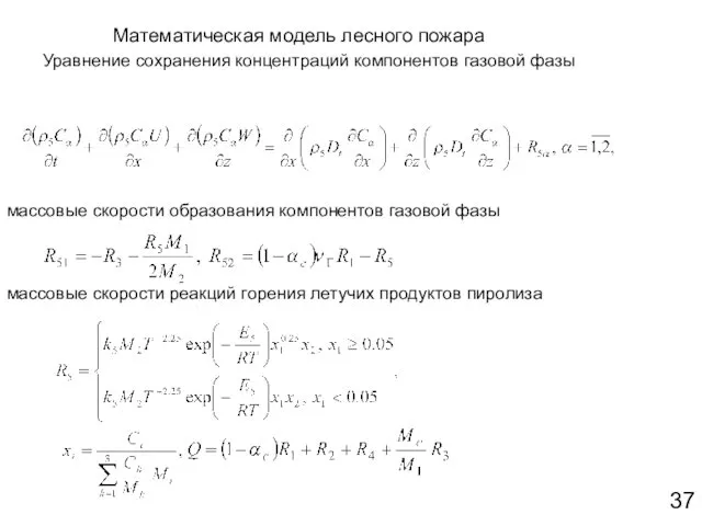 Математическая модель лесного пожара Уравнение сохранения концентраций компонентов газовой фазы массовые