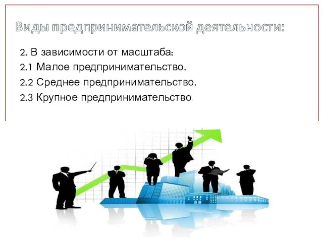 2. В зависимости от масштаба: 2.1 Малое предпринимательство. 2.2 Среднее предпринимательство. 2.3 Крупное предпринимательство.