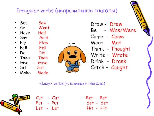 Irregular verbs (неправильные глаголы) See - Saw Go - Went Have