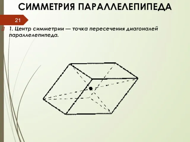 СИММЕТРИЯ ПАРАЛЛЕЛЕПИПЕДА 1. Центр симметрии — точка пересечения диагоналей параллелепипеда.