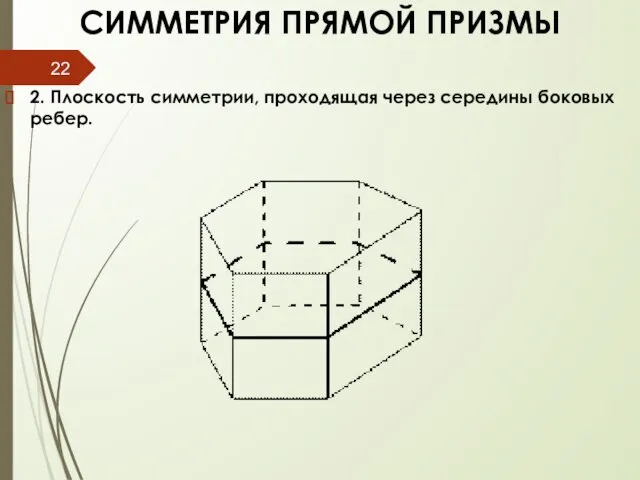 СИММЕТРИЯ ПРЯМОЙ ПРИЗМЫ 2. Плоскость симметрии, проходящая через середины боковых ребер.