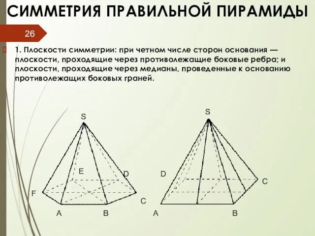 СИММЕТРИЯ ПРАВИЛЬНОЙ ПИРАМИДЫ 1. Плоскости симметрии: при четном числе сторон основания