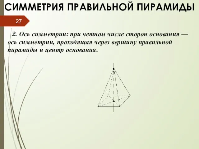 СИММЕТРИЯ ПРАВИЛЬНОЙ ПИРАМИДЫ 2. Ось симметрии: при четном числе сторон основания