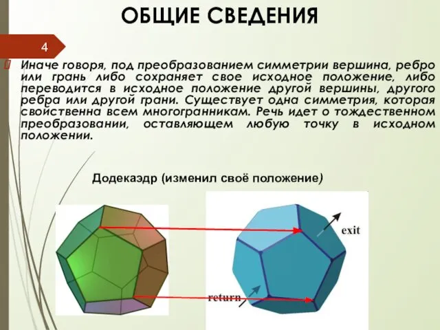 ОБЩИЕ CВЕДЕНИЯ Иначе говоря, под преобразованием симметрии вершина, ребро или грань