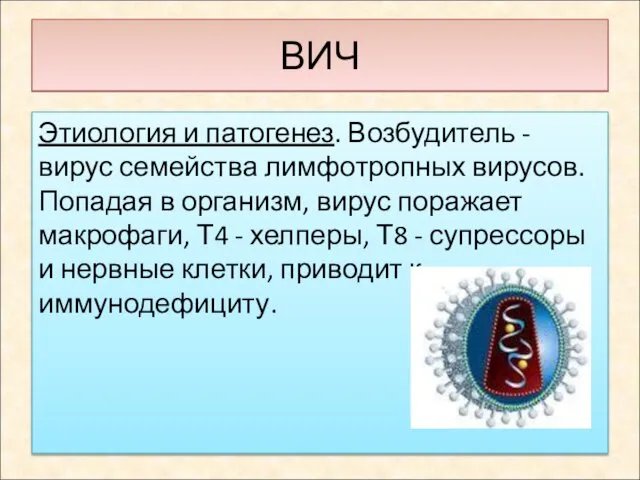 ВИЧ Этиология и патогенез. Возбудитель - вирус семейства лимфотропных вирусов. Попадая