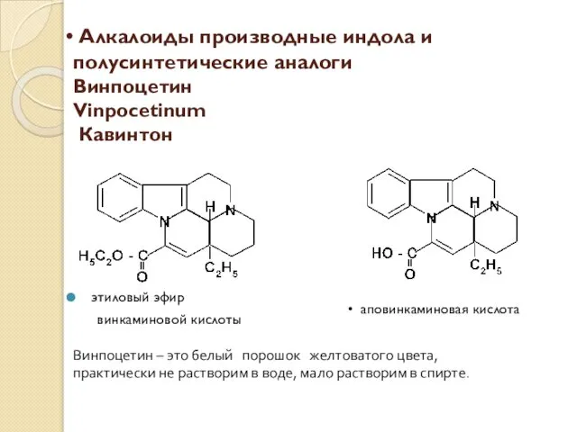 Алкалоиды производные индола и полусинтетические аналоги Винпоцетин Vinpocetinum Кавинтон этиловый эфир