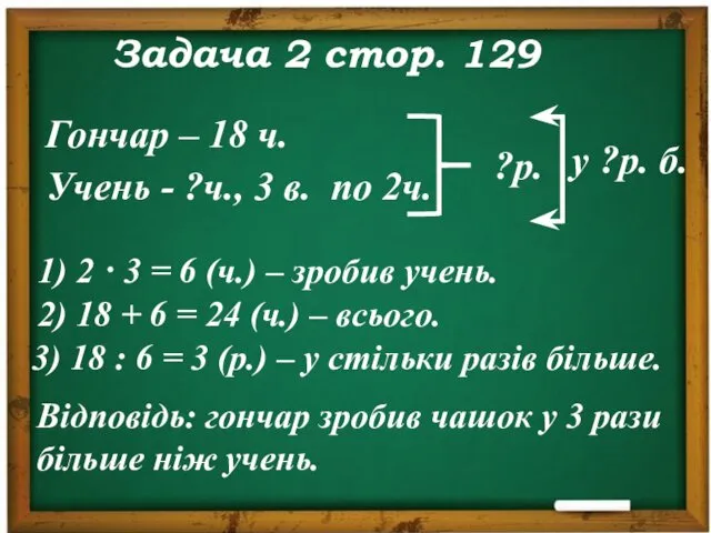 Задача 2 стор. 129 Гончар – 18 ч. Учень - ?ч.,