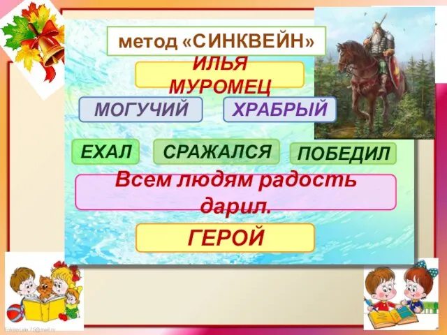 МОГУЧИЙ ИЛЬЯ МУРОМЕЦ Всем людям радость дарил. ГЕРОЙ ЕХАЛ СРАЖАЛСЯ ПОБЕДИЛ ХРАБРЫЙ метод «СИНКВЕЙН»