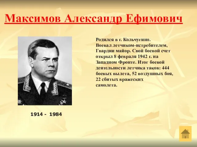 Максимов Александр Ефимович Родился в г. Кольчугино. Воевал летчиком-истребителем, Гвардии майор.