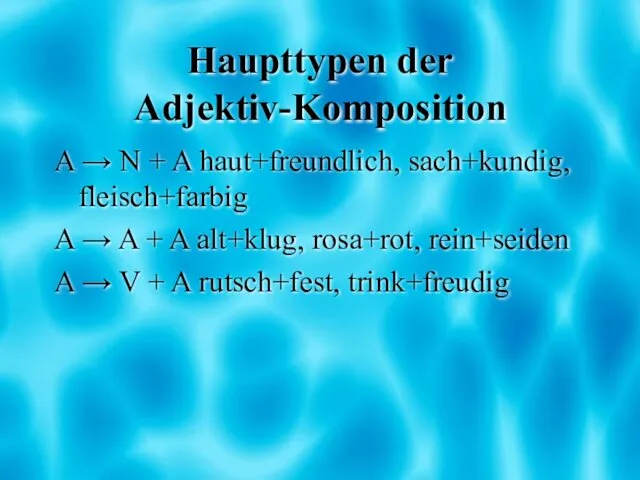 Haupttypen der Adjektiv-Komposition A → N + A haut+freundlich, sach+kundig, fleisch+farbig