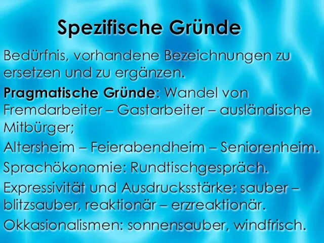 Spezifische Gründe Bedürfnis, vorhandene Bezeichnungen zu ersetzen und zu ergänzen. Pragmatische