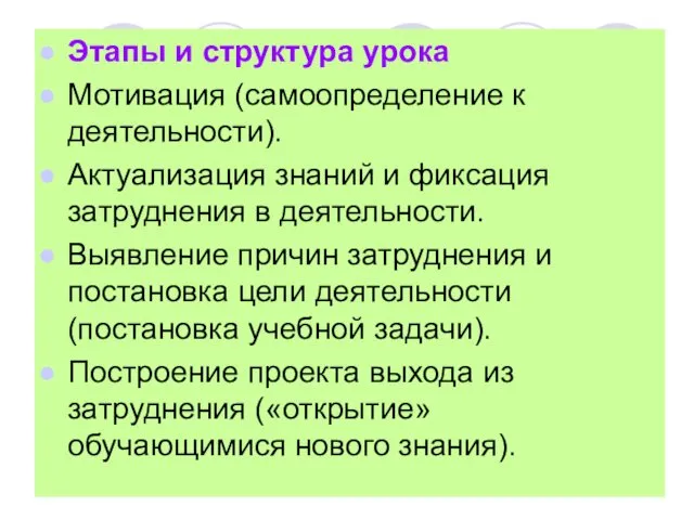 Этапы и структура урока Мотивация (самоопределение к деятельности). Актуализация знаний и