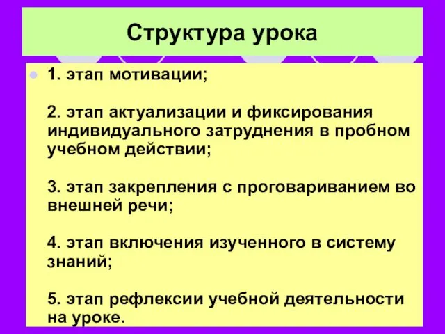 Структура урока 1. этап мотивации; 2. этап актуализации и фиксирования индивидуального