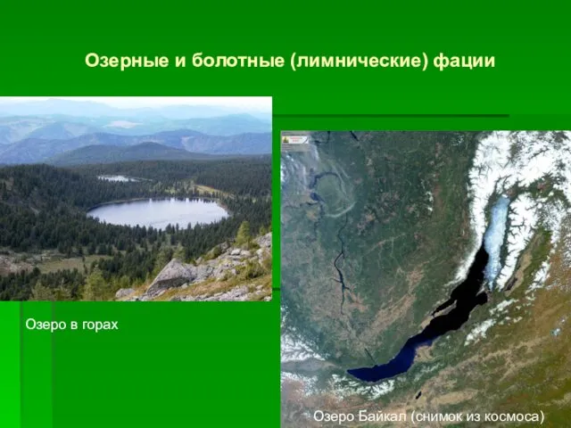 Озерные и болотные (лимнические) фации Озеро в горах Озеро Байкал (снимок из космоса)