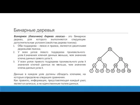 Бинарные деревья Бинарное (двоичное) дерево поиска – это бинарное дерево, для