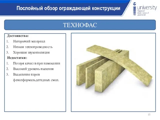 ТЕХНОФАС Достоинства: Негорючий материал Низкая теплопроводность Хорошая звукоизоляция Недостатки: Потеря качеств