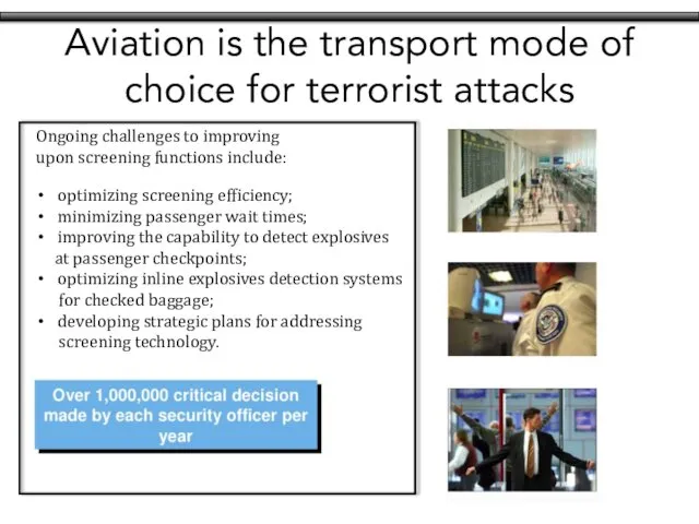 Aviation is the transport mode of choice for terrorist attacks Ongoing