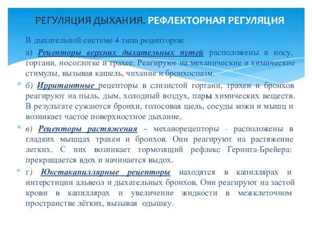 В дыхательной системе 4 типа рецепторов: а) Рецепторы верхних дыхательных путей