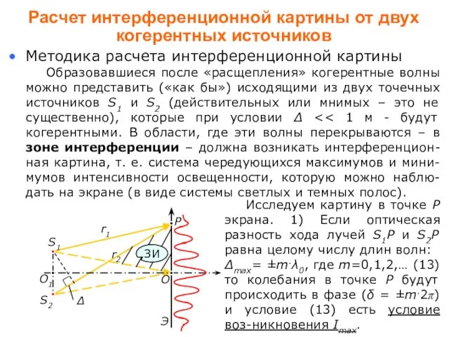 Расчет интерференционной картины от двух когерентных источников Методика расчета интерференционной картины