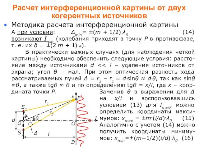 x P Расчет интерференционной картины от двух когерентных источников Методика расчета