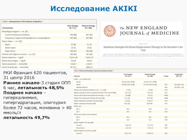 Исследование AKIKI РКИ Франция 620 пациентов, 31 центр 2016 Раннее начало-3