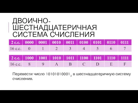 ДВОИЧНО-ШЕСТНАДЦАТЕРИЧНАЯ СИСТЕМА СЧИСЛЕНИЯ Перевести число 101010100012 в шестнадцатеричную систему счисления.