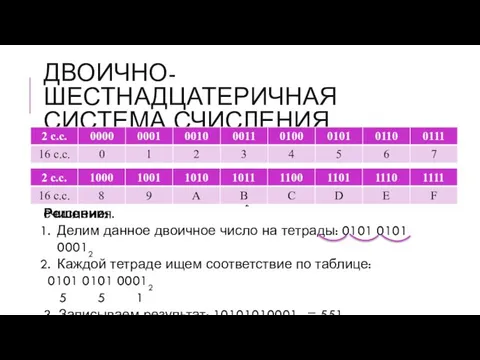 ДВОИЧНО-ШЕСТНАДЦАТЕРИЧНАЯ СИСТЕМА СЧИСЛЕНИЯ Решение: Делим данное двоичное число на тетрады: 0101