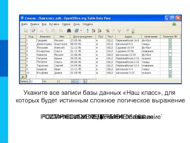 Укажите все записи базы данных «Наш класс», для которых будет истинным