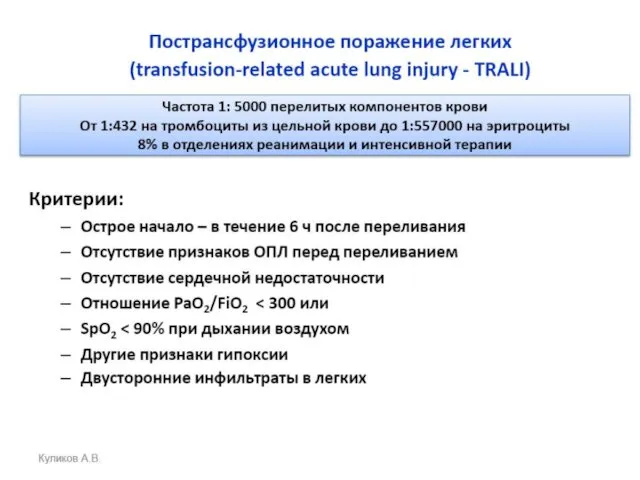 Куликов А.В. Пострансфузионное поражение легких (transfusion-related acute lung injury - TRALI)