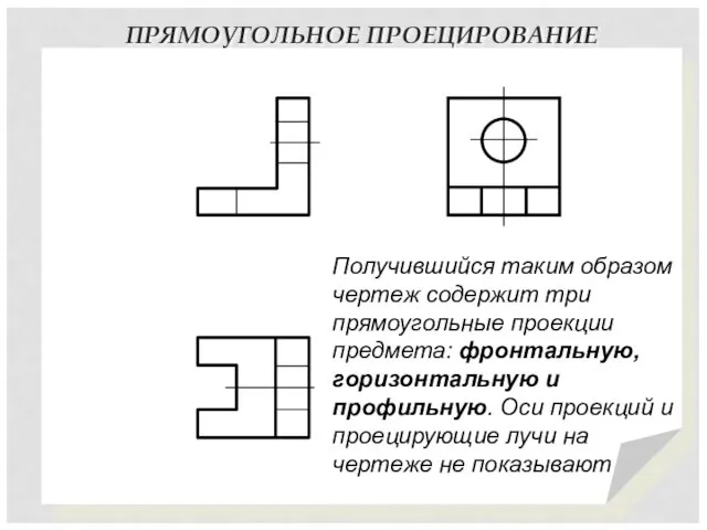 ПРЯМОУГОЛЬНОЕ ПРОЕЦИРОВАНИЕ Получившийся таким образом чертеж содержит три прямоугольные проекции предмета: