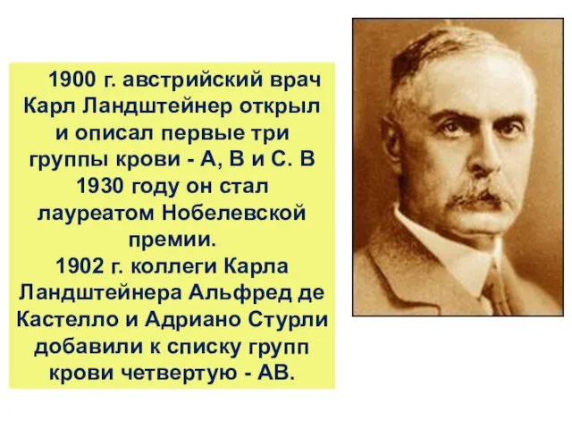 1900 г. австрийский врач Карл Ландштейнер открыл и описал первые три