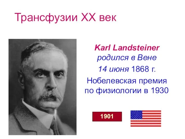 Трансфузии XX век Karl Landsteiner родился в Вене 14 июня 1868