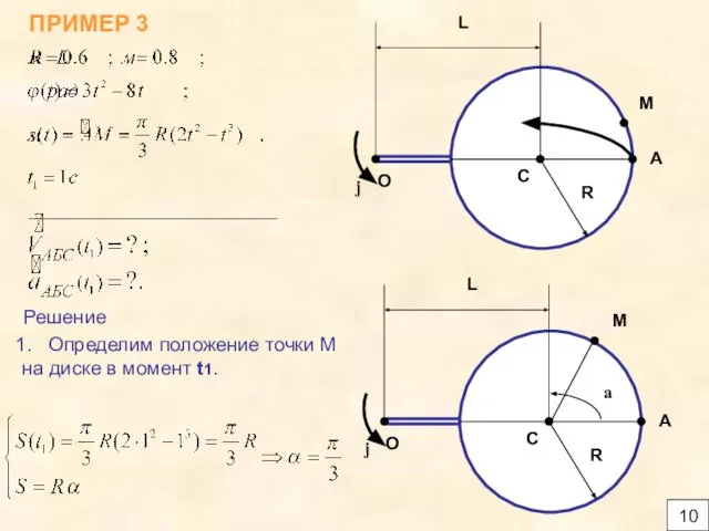 10 ПРИМЕР 3 Решение Определим положение точки М на диске в момент t1. a