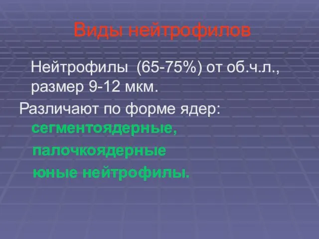 Виды нейтрофилов Нейтрофилы (65-75%) от об.ч.л., размер 9-12 мкм. Различают по