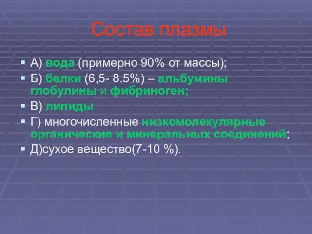 Состав плазмы А) вода (примерно 90% от массы); Б) белки (6,5-