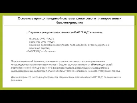 2. Перечень центров ответственности ОАО "РЖД" включает: филиалы ОАО "РЖД"; хозяйства