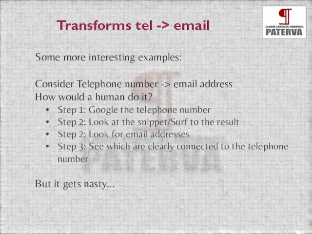 Transforms tel -> email Some more interesting examples: Consider Telephone number