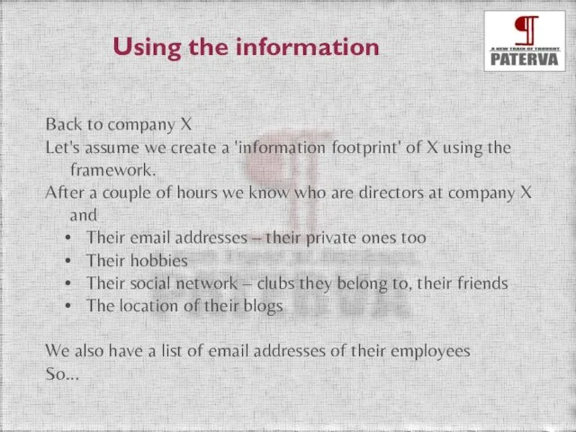 Using the information Back to company X Let's assume we create