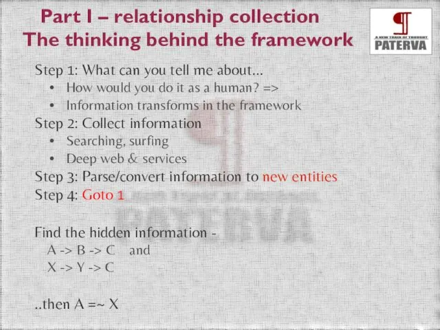 Part I – relationship collection The thinking behind the framework Step