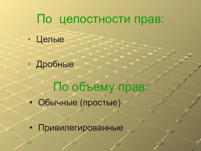 По целостности прав: Целые Дробные По объему прав: Обычные (простые) Привилегированные