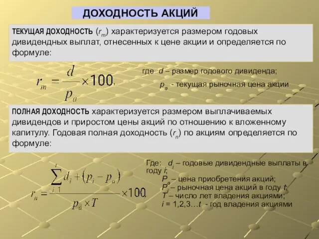 ТЕКУЩАЯ ДОХОДНОСТЬ (rm) характеризуется размером годовых дивидендных выплат, отнесенных к цене