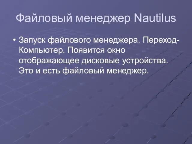 Файловый менеджер Nautilus Запуск файлового менеджера. Переход-Компьютер. Появится окно отображающее дисковые